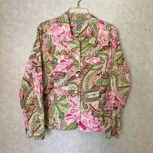 Pink and green polyester print jacket.